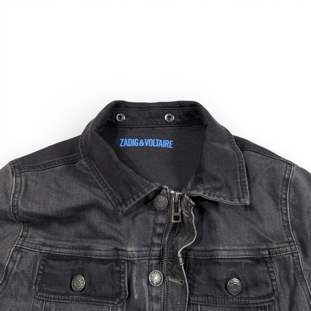 Zadig & Voltaire Noah Faded Black Denim Trucker Jacket Skull Patch Womens 14-S - Picture 15 of 15